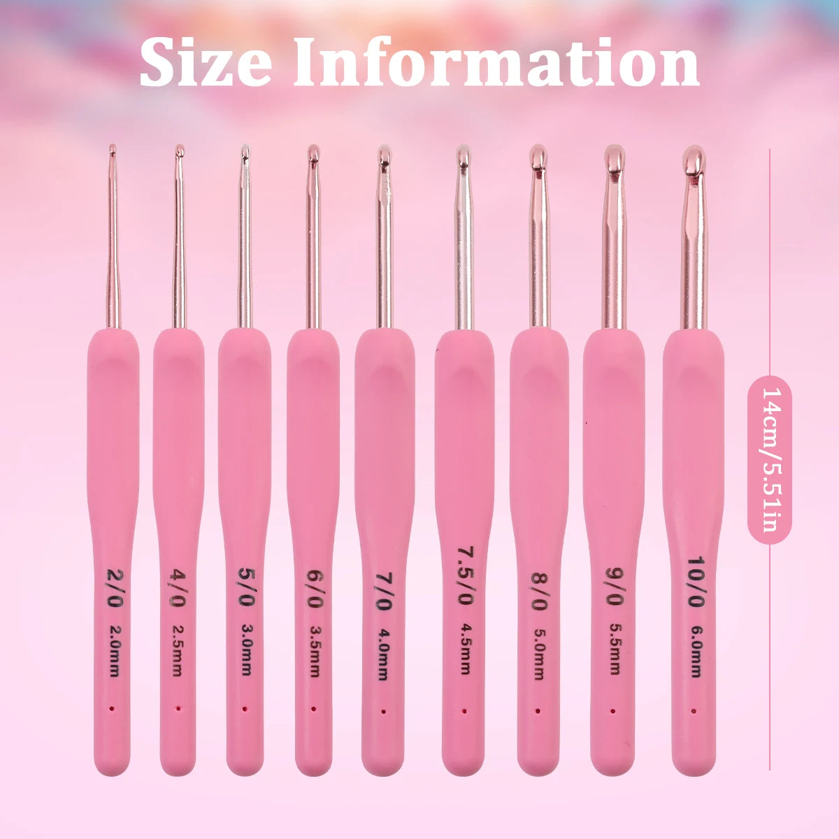 Pink Aluminum Crochet Hook Set – 9 Sizes (2.5–6.0mm)
