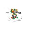 A set of building blocks for an exoskeleton combat robot model featuring green, yellow, and gray components.