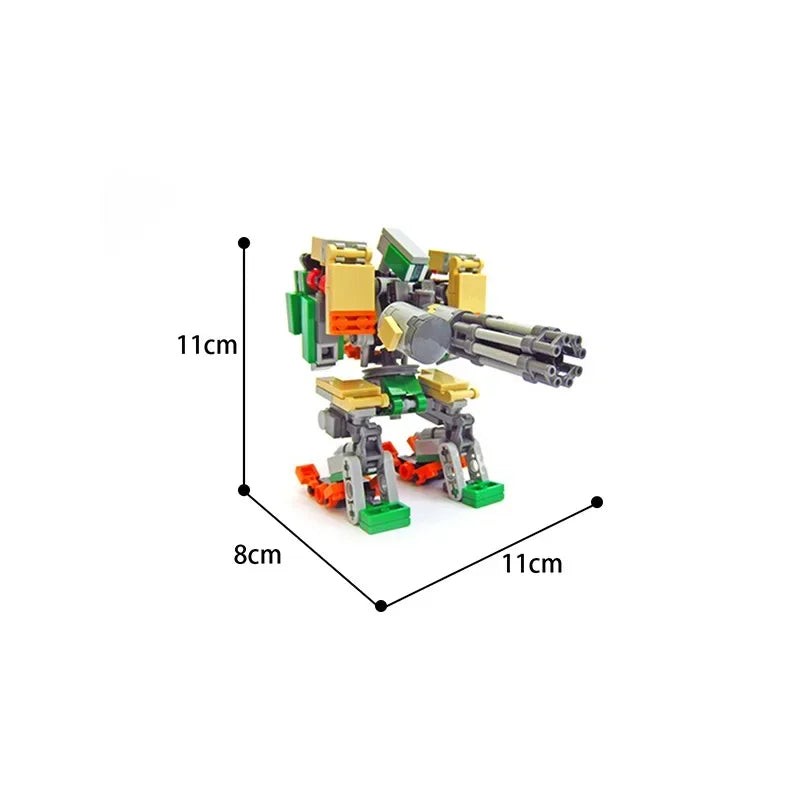 A set of building blocks for an exoskeleton combat robot model featuring green, yellow, and gray components.