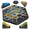 A black triangle chess strategy board game with various colored pieces and a corresponding board.