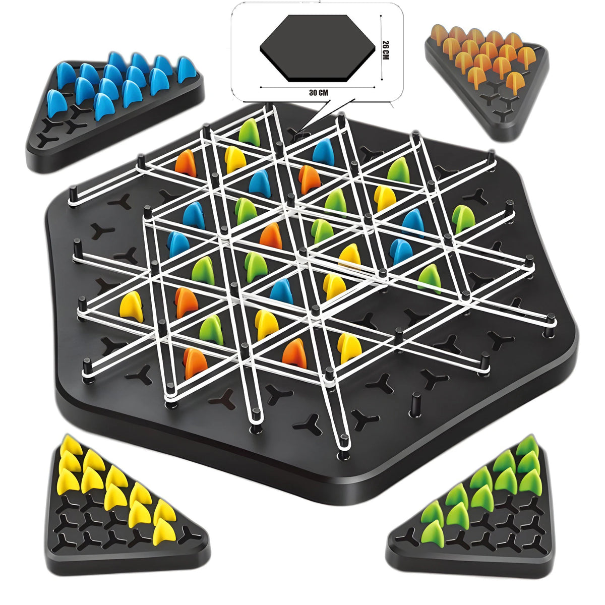 A black triangle chess strategy board game with various colored pieces and a corresponding board.
