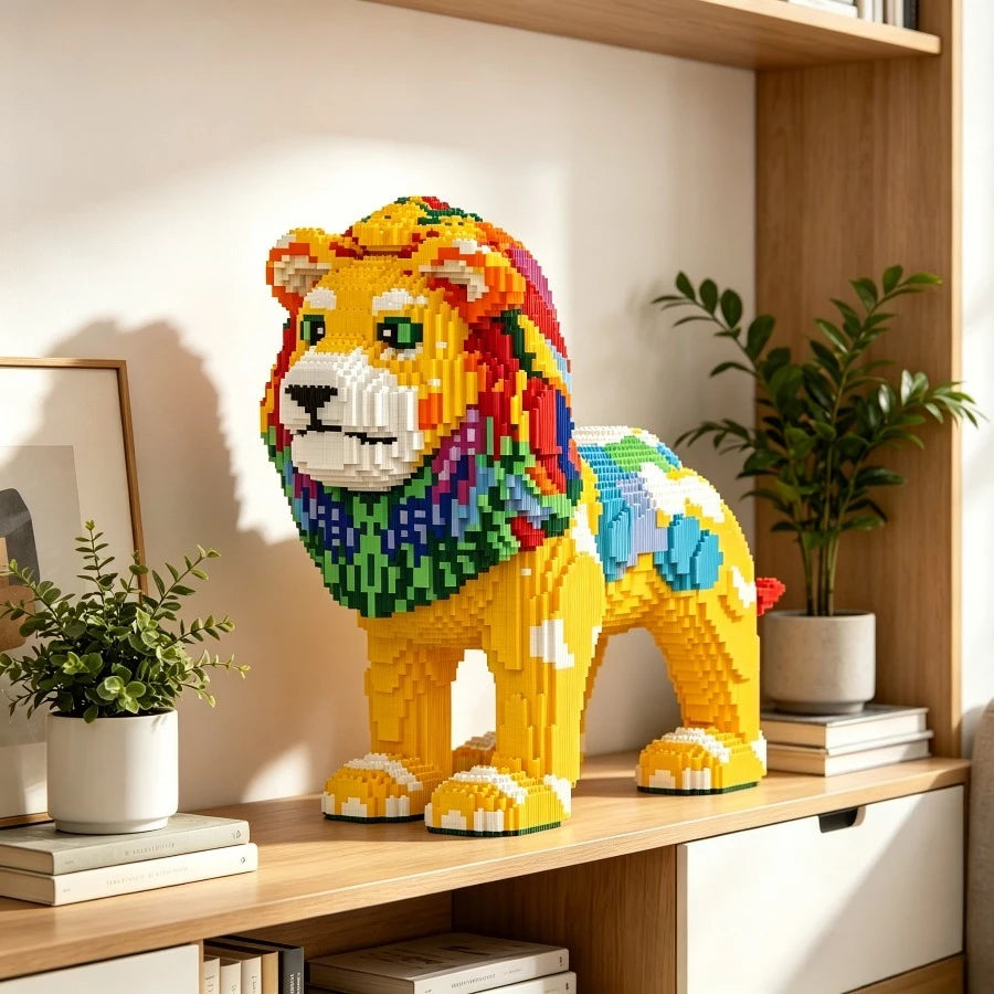 A yellow lion figure made of micro building blocks is displayed on a wooden shelf next to a potted plant.