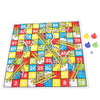 A colorful Snakes and Ladders board game mat with numbered squares, ladders, and snakes for family fun.