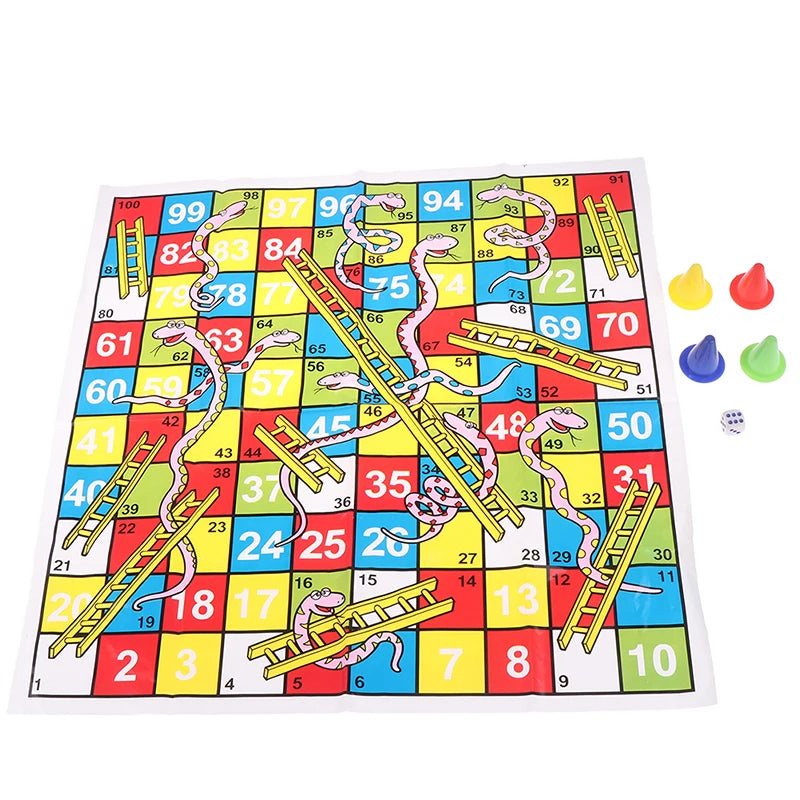 A colorful Snakes and Ladders board game mat with numbered squares, ladders, and snakes for family fun.