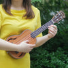 A person holds a brown ukulele with a wooden body and a black neck, set against a green outdoor background.