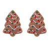 Two brown silicone Christmas tree beads decorated with red and green candy cane lines
