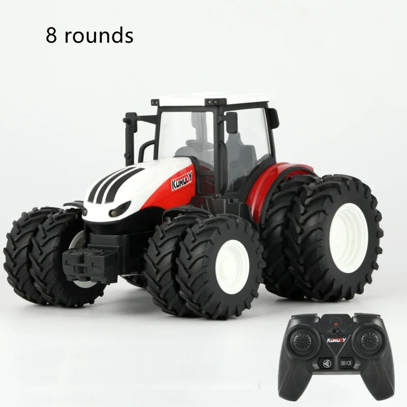 A red and white remote control tractor model with large tires is shown next to its 2.4G controller.