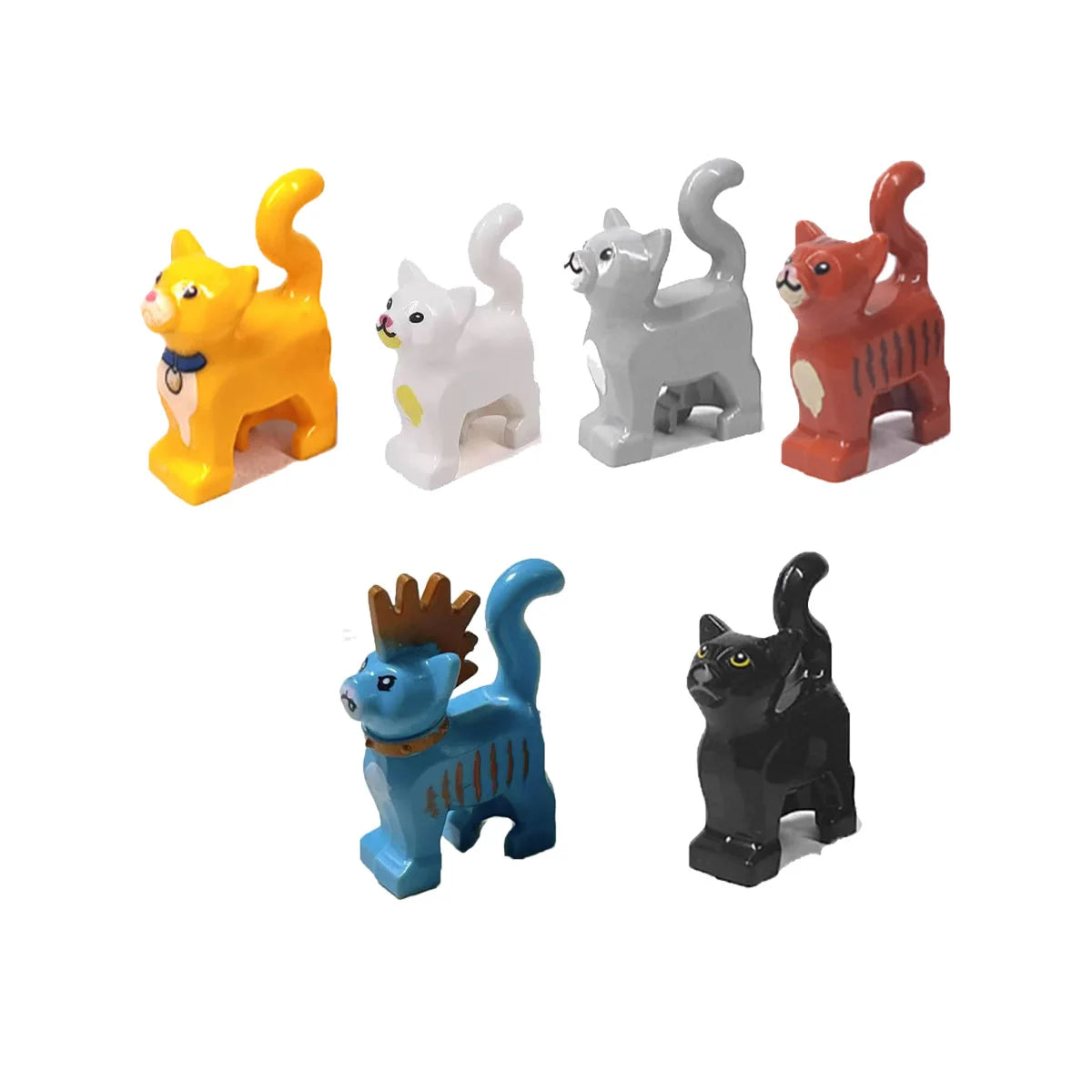 A set of six colorful African wildlife animal building blocks, including a yellow lion, white cat, gray cat, orange fox, and 