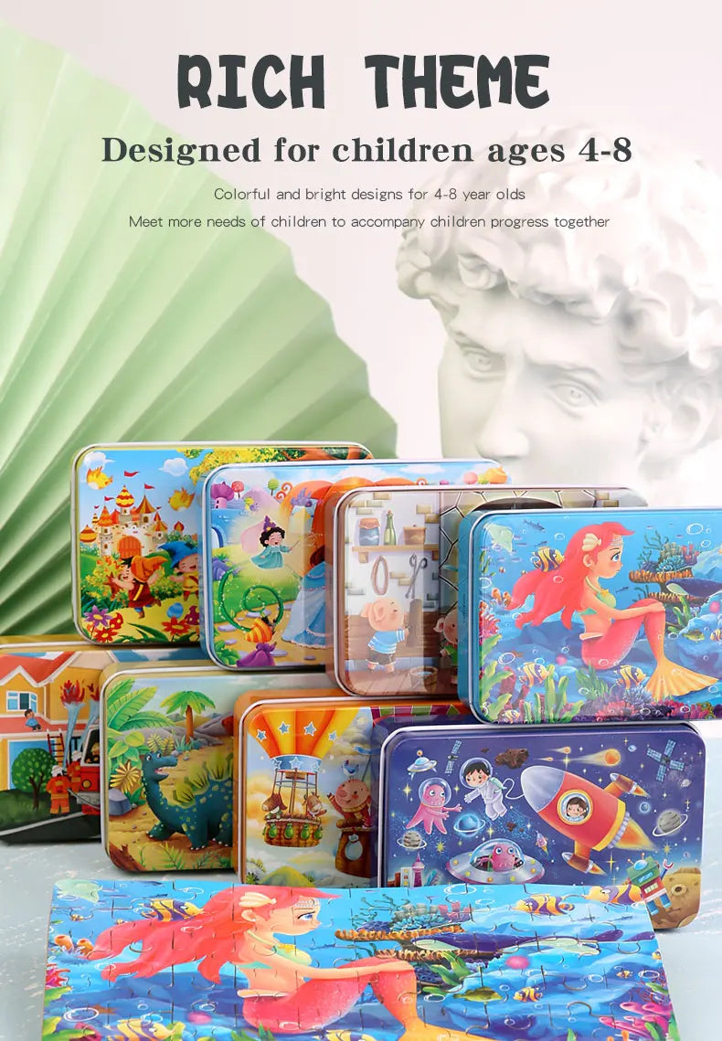 A colorful 60-piece wooden jigsaw puzzle featuring various animals and vehicles for children.