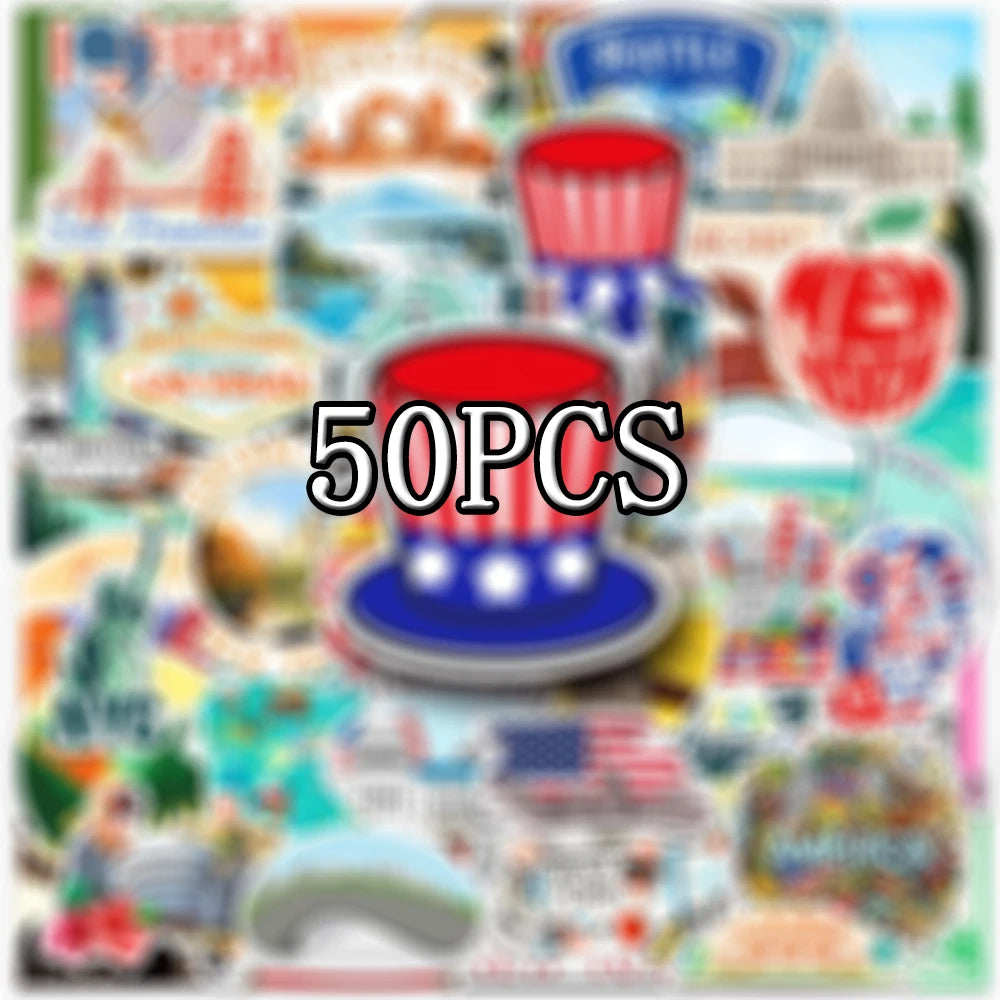 A pack of 50 cartoon stickers featuring various elements related to the USA map and patriotic themes.