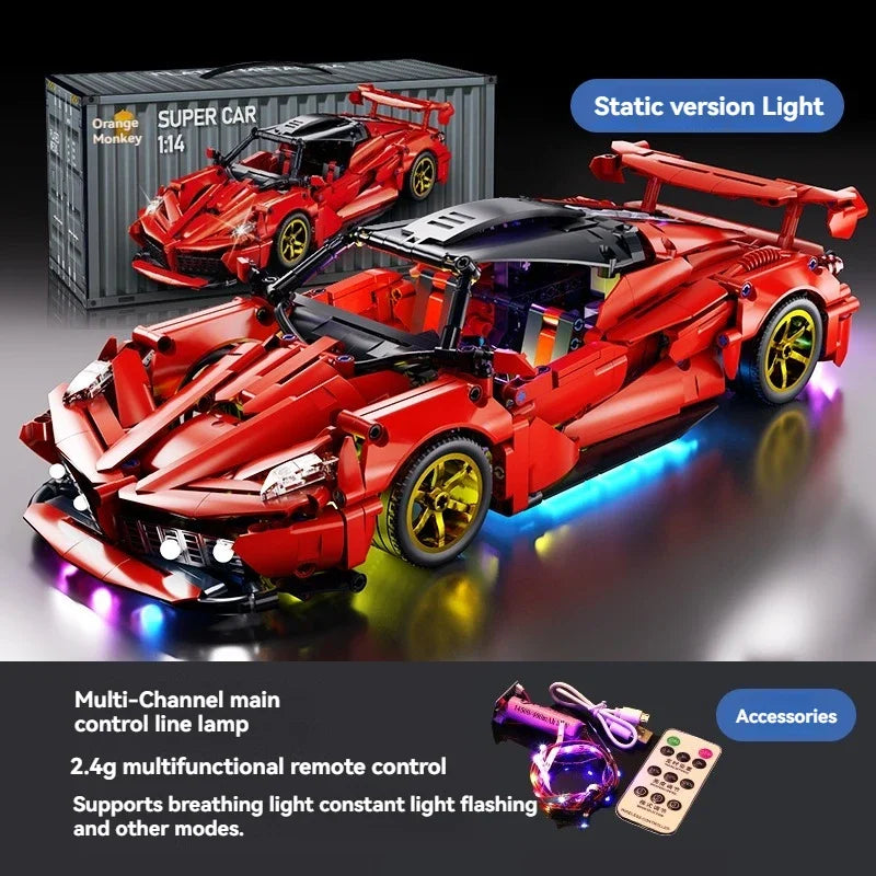 A red die-cast model of a sports car is displayed next to its box, highlighting its static version light feature.