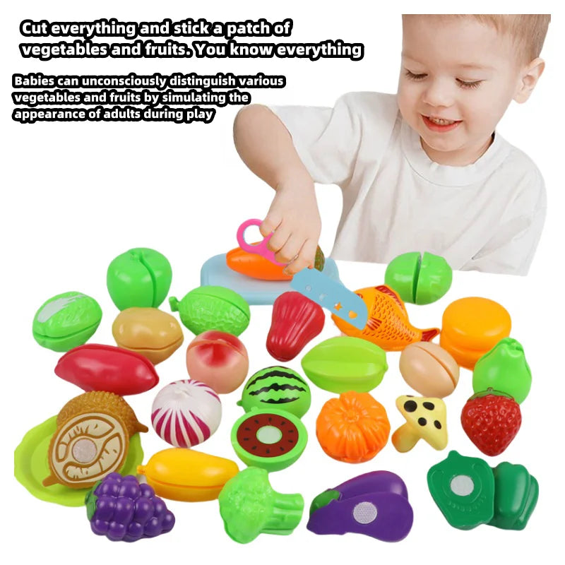 A collection of colorful, realistic-looking fruits and vegetables for a DIY cutting music toy set.