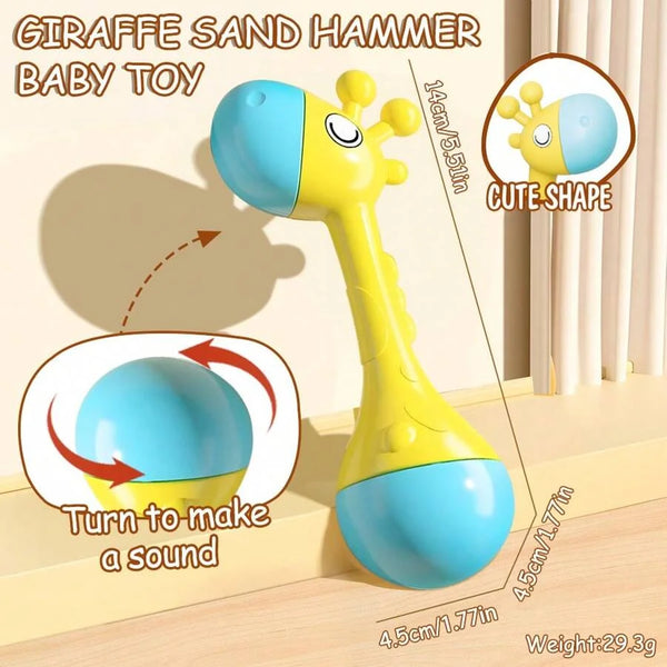 A yellow giraffe sand hammer baby toy with a blue head and body, shown next to diagrams illustrating how it makes a sound.