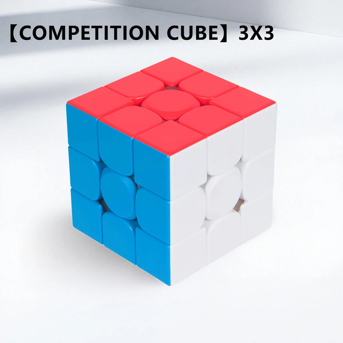 A 3x3 competition cube puzzle with red and blue faces shown from above.