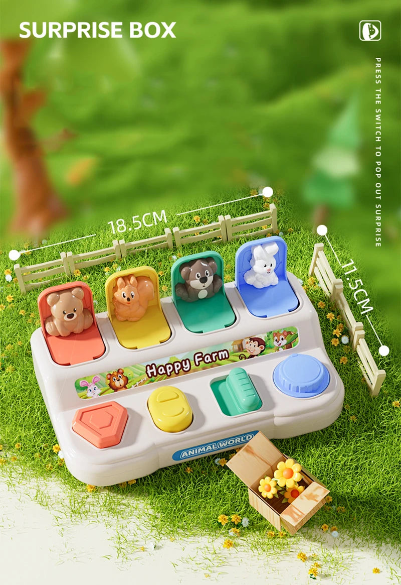 A surprise box containing a plastic animal toy set with various farm animals and an animal world theme for toddlers.