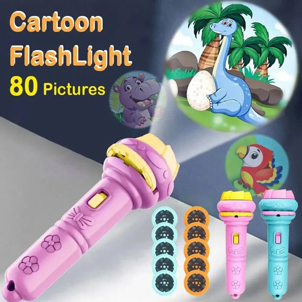 A pink kids' projection flashlight with various animal patterns is shown next to a picture of a blue dinosaur.