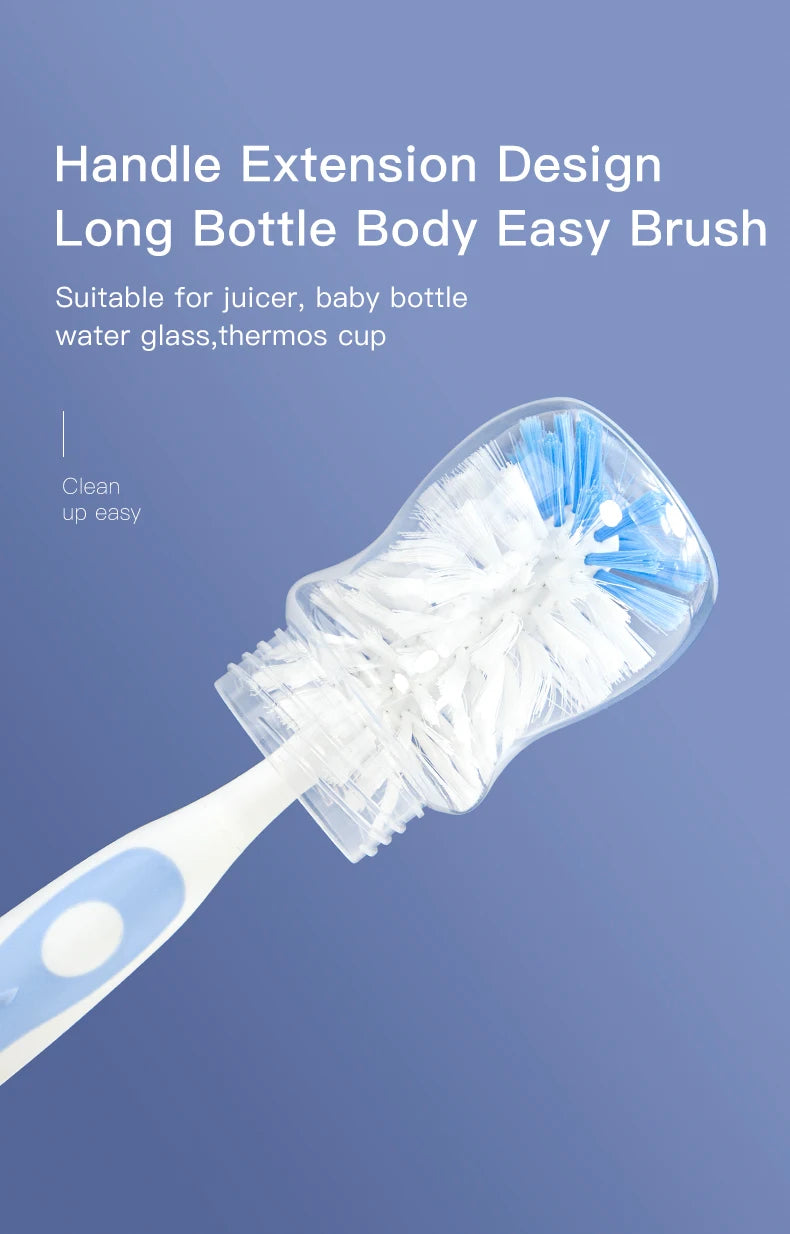 A clear handle extension design long bottle body easy brush for cleaning baby bottles and juice containers.
