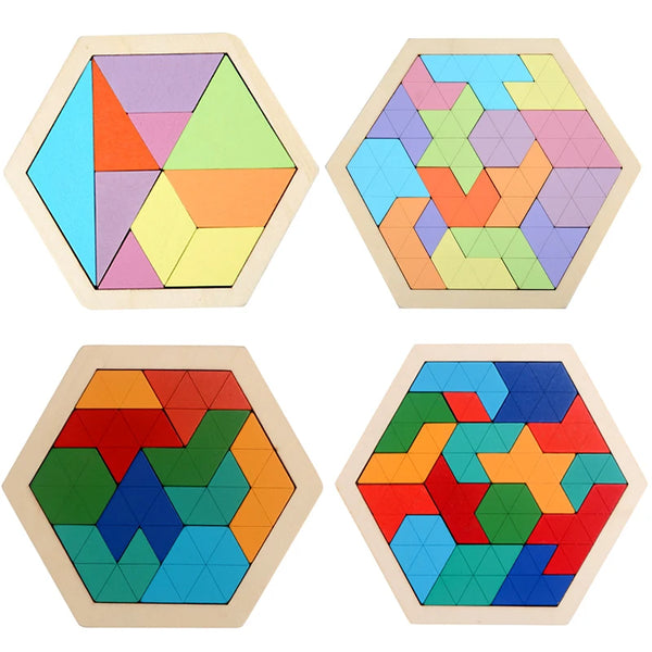 Four wooden tangram puzzle boards showing various geometric shapes and colors.