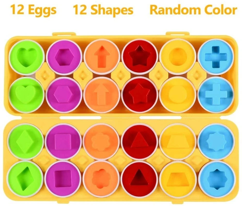 A yellow egg carton filled with 12 colorful shapes and random colors for a Montessori matching toy.