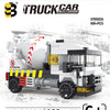 A white and black truck car bulldozer building block set featuring a police helicopter and SWAT carrier vehicle model.