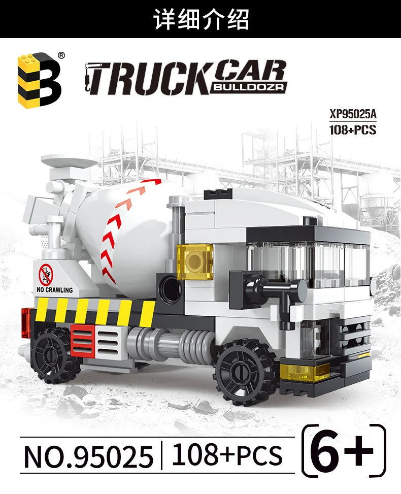 A white and black truck car bulldozer building block set featuring a police helicopter and SWAT carrier vehicle model.