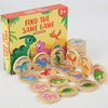A box of a wooden memory matching game featuring dinosaurs and traffic themes with various wooden tiles.