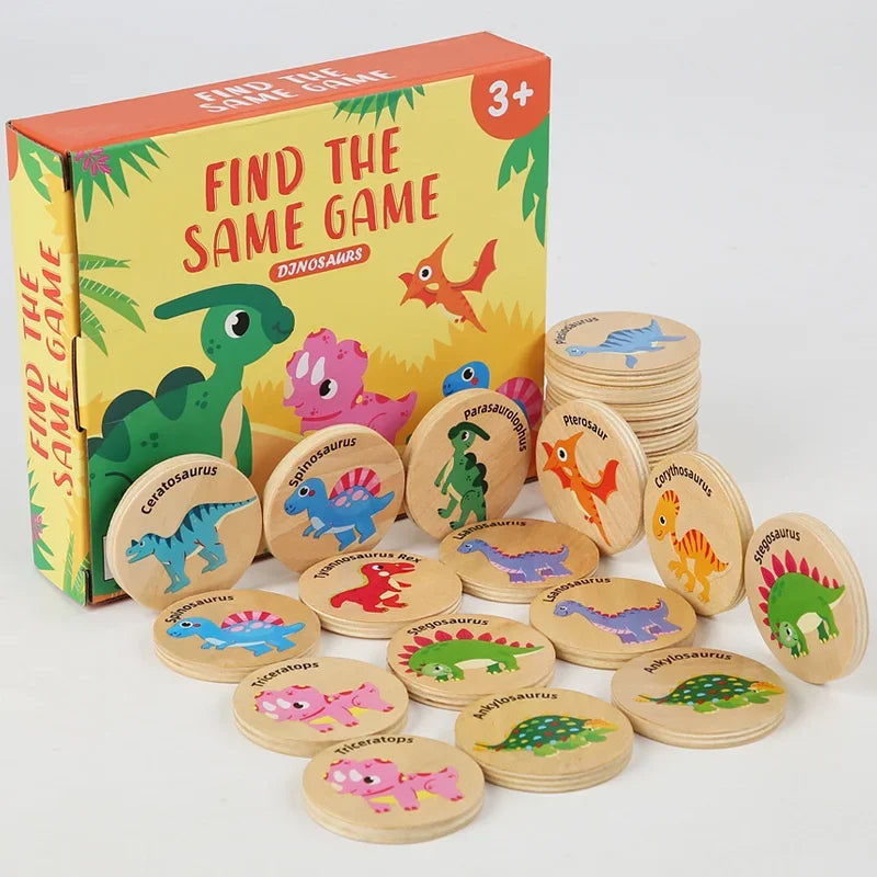A box of a wooden memory matching game featuring dinosaurs and traffic themes with various wooden tiles.