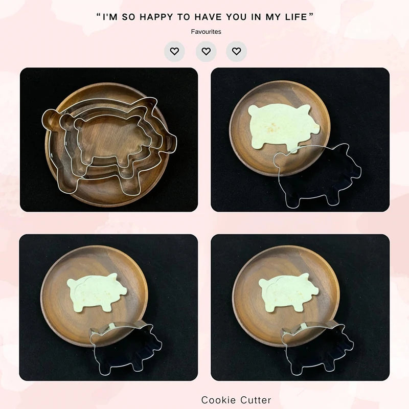 A set of pig-shaped stainless steel cookie cutters and wooden plates for baking