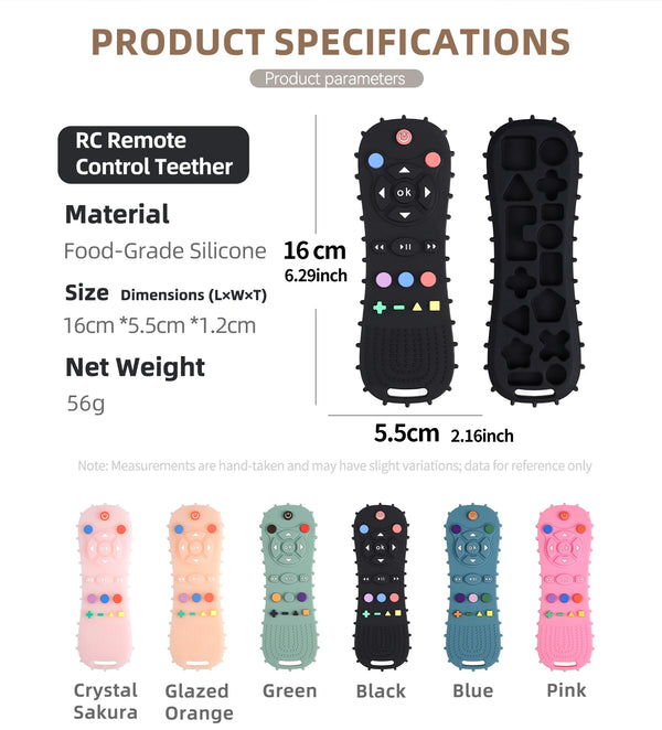 A set of silicone teethers in various colors including Sakura, Orange, Green, Black, Blue, and Pink.