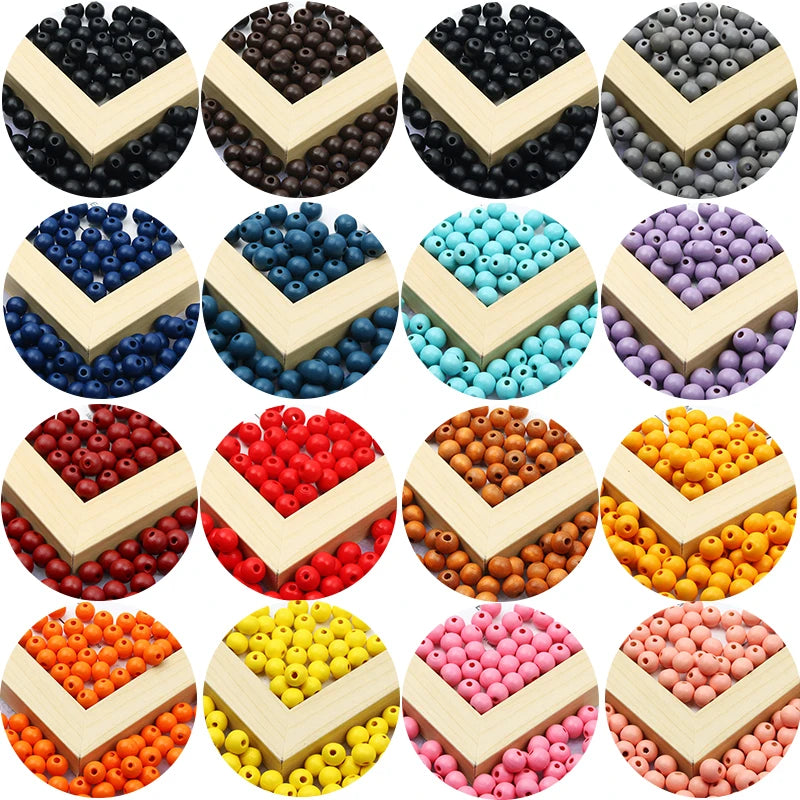Assortment of natural wooden beads in various colors and shapes for jewelry making and DIY crafts