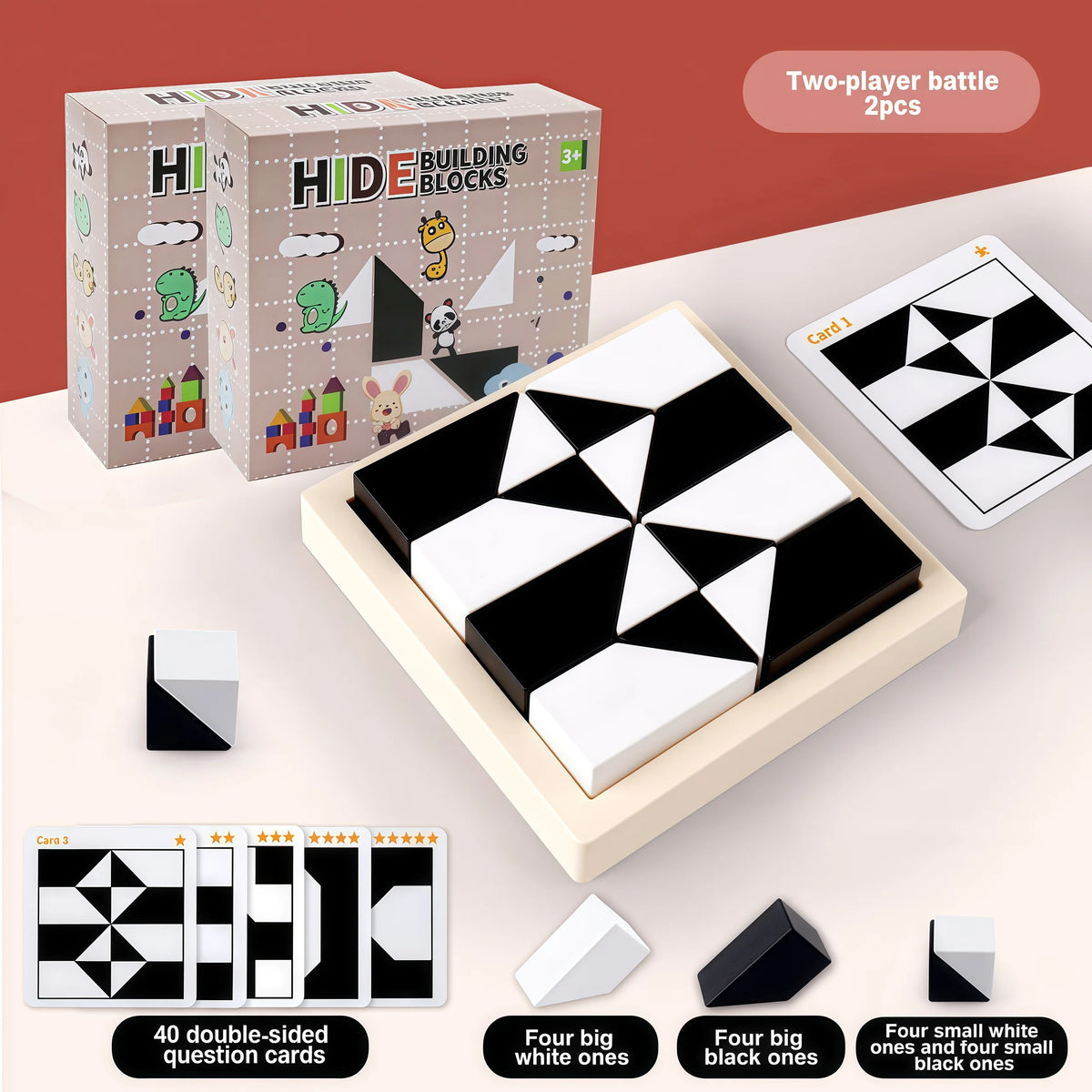 A set of building blocks and question cards for a two-player battle game displayed on a wooden surface.