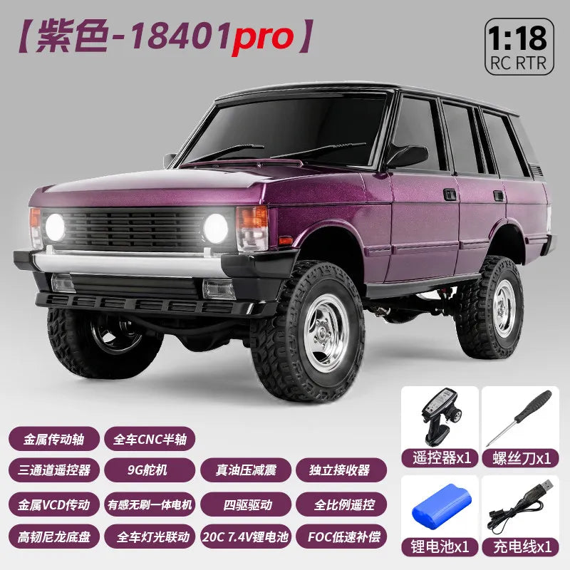 A purple 1:18 scale RC crawler truck with a black roof and off-road tires is shown in a studio setting.