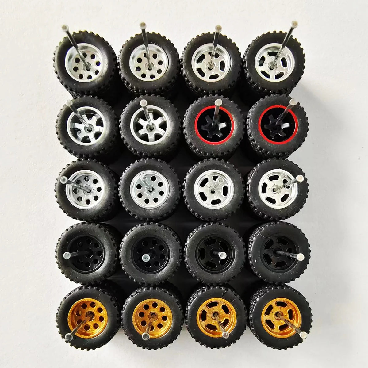 1/64 Scale Alloy Car Wheels with Rubber Tires - 10 Sets
