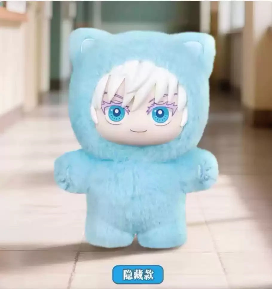 A light blue plush toy resembling a cat with white hair and blue eyes, displayed indoors.