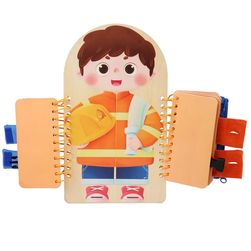 A wooden multi-layer busy board featuring a child's face and clothing, designed as a Montessori learning toy.