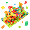 A colorful marble run building blocks maze track toy constructed from interlocking plastic pieces.