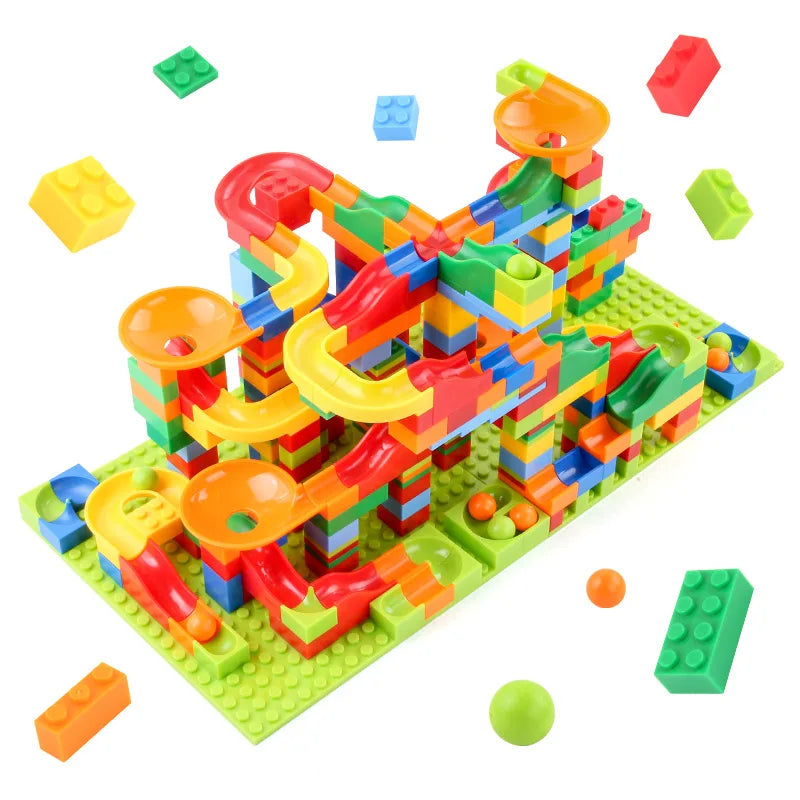A colorful marble run building blocks maze track toy constructed from interlocking plastic pieces.