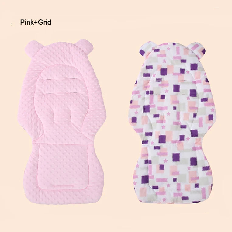 Pink and grid patterned plush double-sided stroller seat cushion for babies