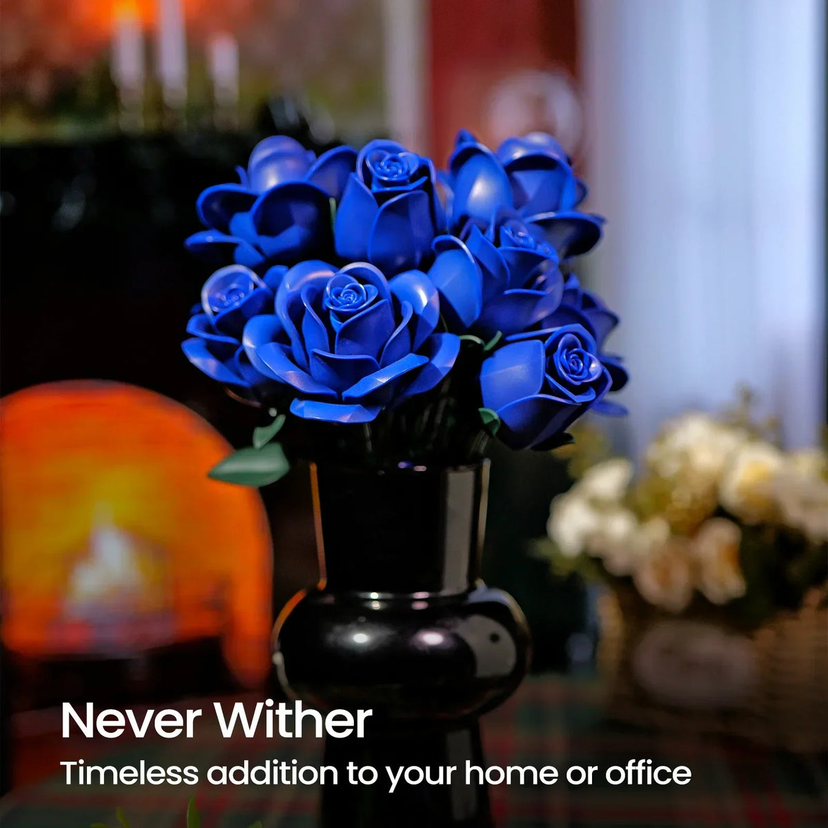 A bouquet of realistic blue roses in a black vase set against a blurred background.