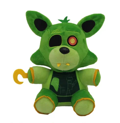 A plush toy of a green animatronic character with large ears and glowing eyes.