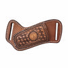 Brown handcrafted leather knife sheath with a belt loop and embossed pattern