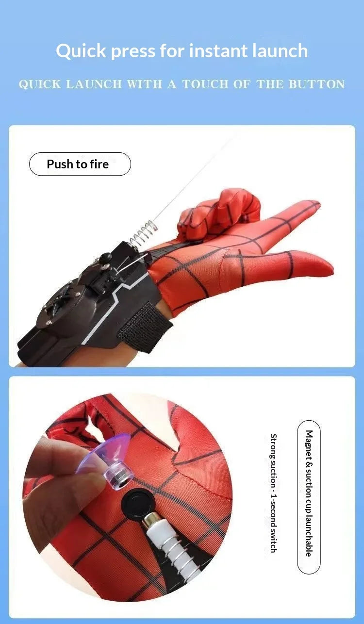 A hand wearing a red glove is shown pressing a button on a black wrist-mounted device for an instant launch.