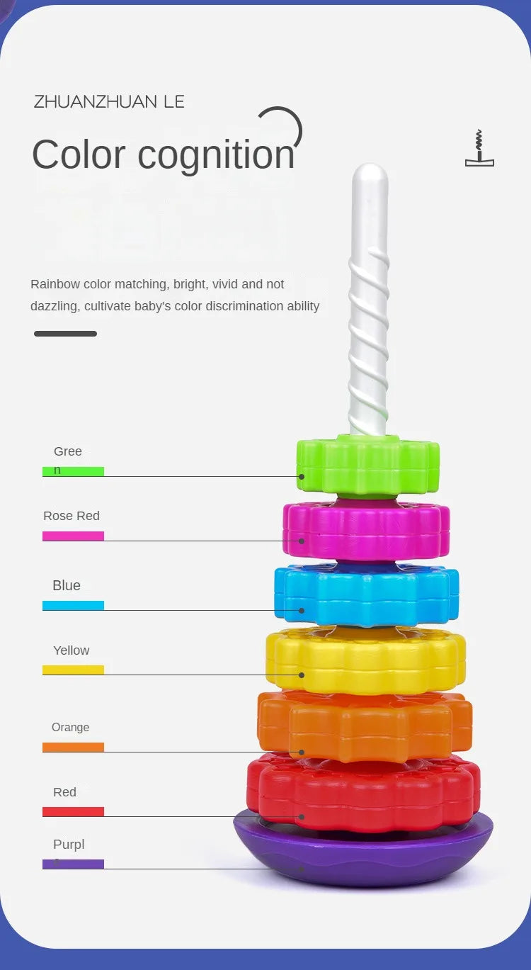 A colorful rainbow spin tower stacking toy with stacked rings in various colors like green, pink, blue, yellow, orange, red, 