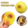 A yellow potato-shaped squishy toy is shown in various views, including a hand holding it and a close-up of the product.
