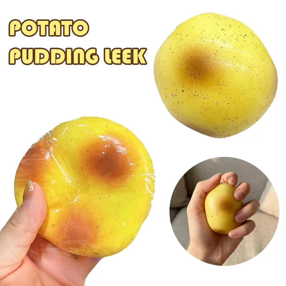 A yellow potato-shaped squishy toy is shown in various views, including a hand holding it and a close-up of the product.