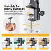 Black flexible gooseneck arm tripod with a clamp mount shown in various contexts for tables and desktops