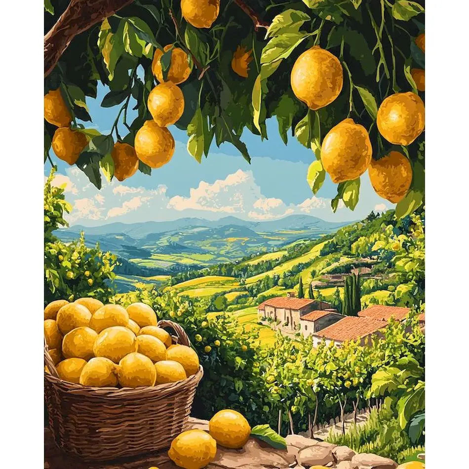 A painting of a lemon tree branch laden with yellow lemons against a scenic, rolling green landscape.