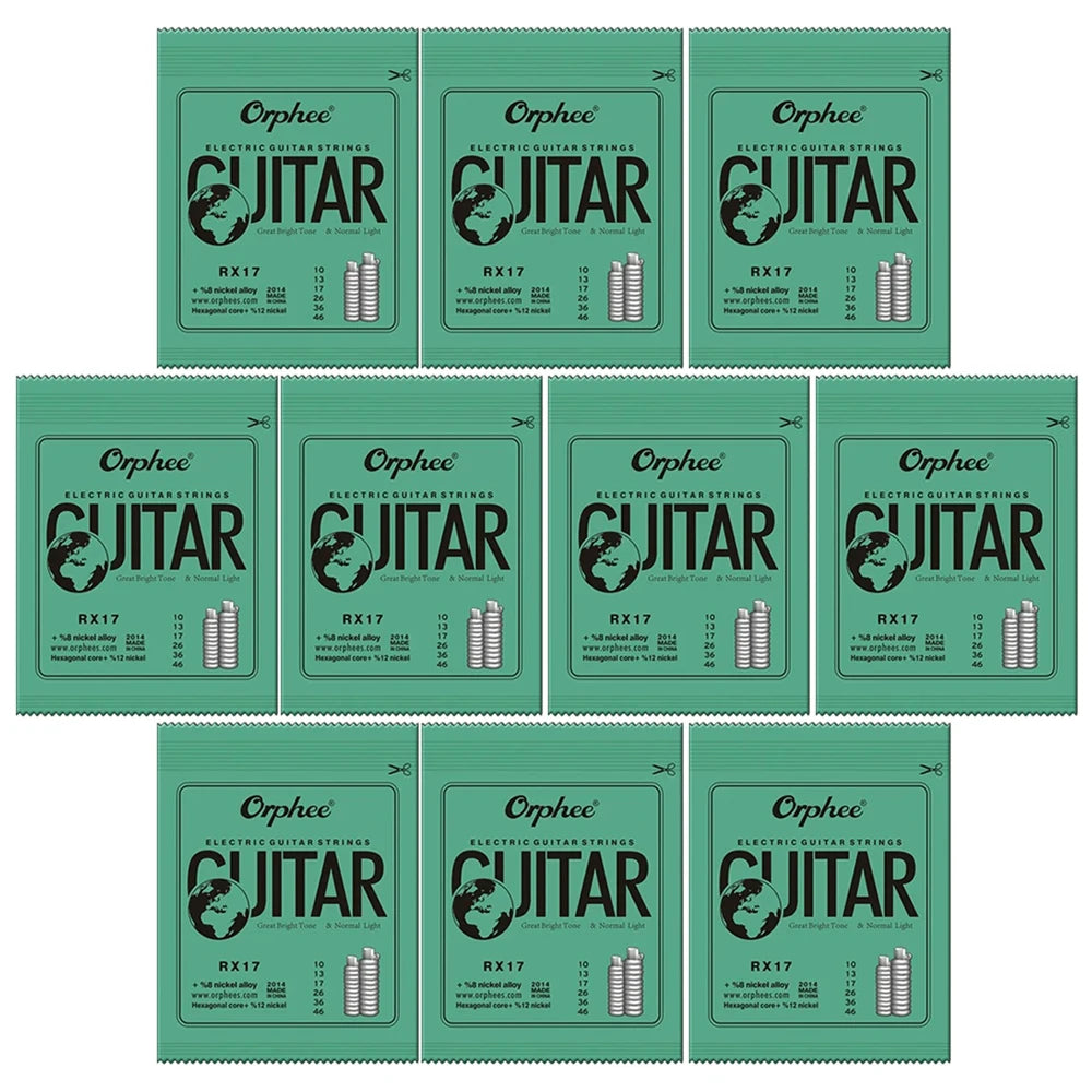 A set of Orphee electric guitar strings in green packaging, showing various sizes and types.