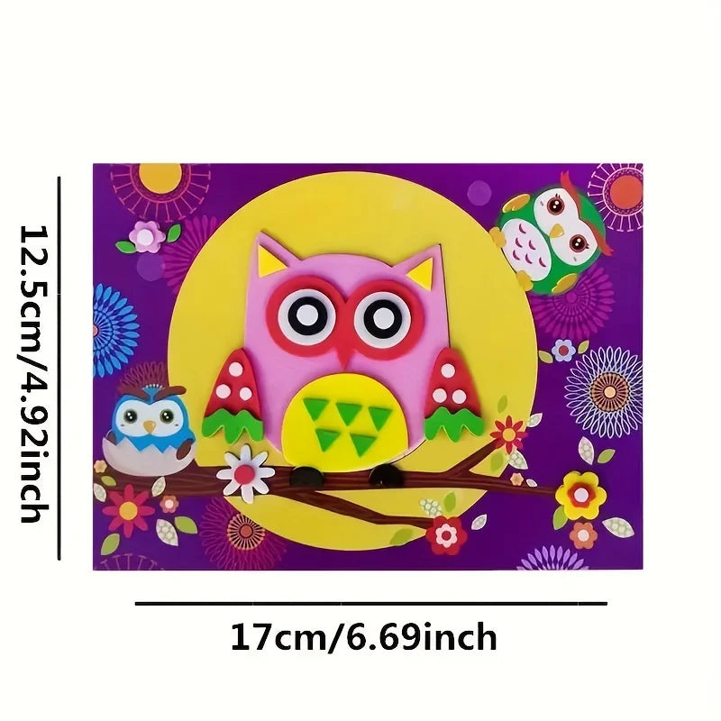 A colorful 3D sticker puzzle set featuring an owl character and various nature designs on a purple background.