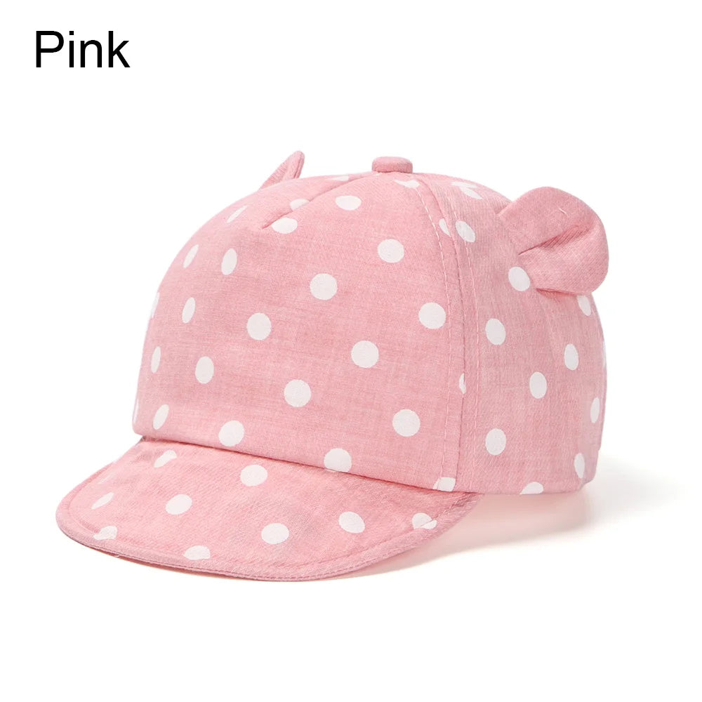 Pink baby cotton baseball cap with white polka dots and cute rabbit ears